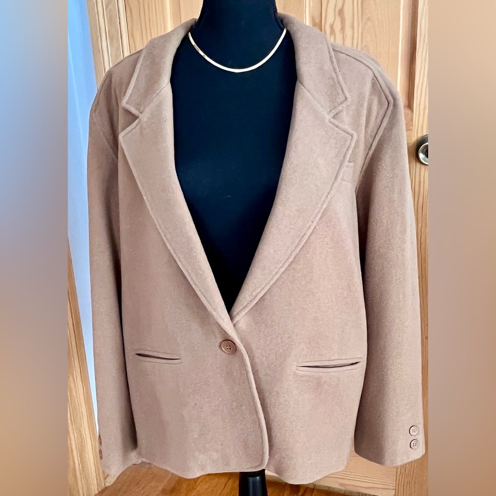 La Redoute Wool Cashmere Blazer Camel Tan Boxy 14 Minimalist VTG 90s Old Money